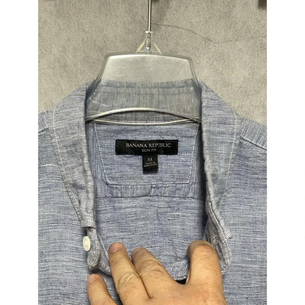 Banana Republic Shirt Men M Blue Linen Cotton Slim Button Up‎ Academia Vacation